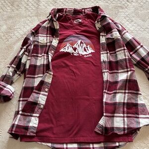 American Eagle Plaid Flannel Shirt & Graphic Tee Combo Set Grunge Burgundy Sz XL